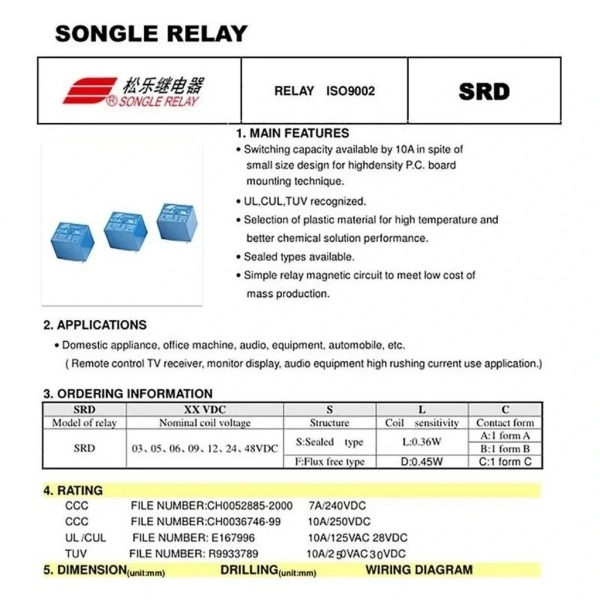 Songle 5V Minyon Spot Röle SRD-05VDC-SL-C