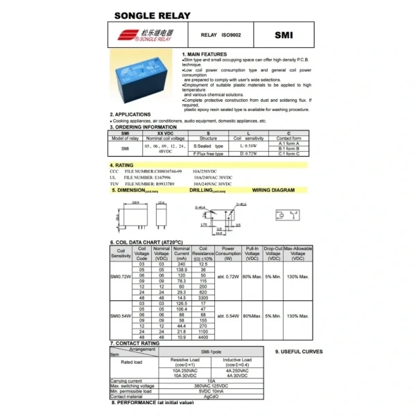 Songle SMI-05VDC-SL-C 10A 5V 5 Pin Tek Kontak Röle (HLS1)