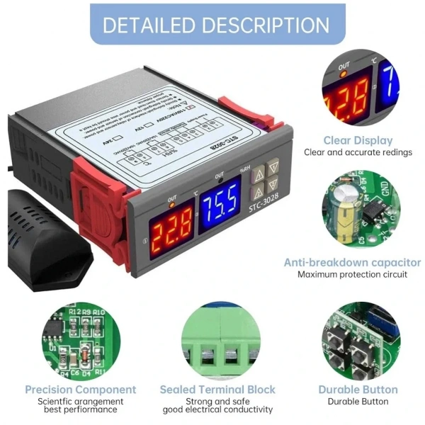 STC-3028 220V LCD Ekranlı Problu Termostat Dijital Sıcaklık Kontrol Cihazı