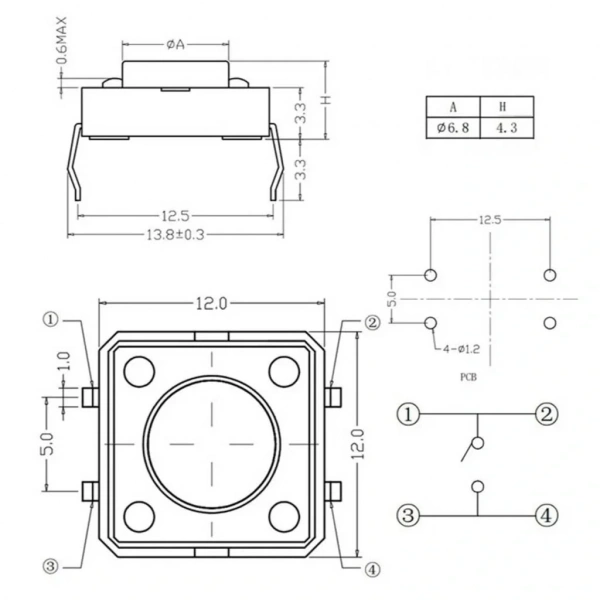 Tact Switch ( Tact Buton ) 12x12x4.3mm