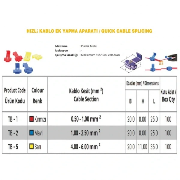 TB-5 4.0-6.0mm2 Hızlı Kablo Ek Yapma Aparatı Sarı 100 Adet