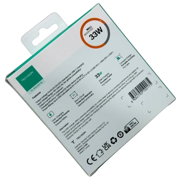 TECHSON 33W Type-C Adaptör + Kablo Şarj Cihazı Beyaz S11C33TTB