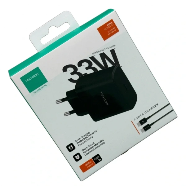 TECHSON 33W Type-C Adaptör + Kablo Şarj Cihazı Siyah S11C33TTS