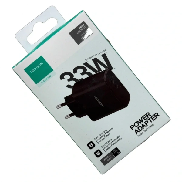TECHSON 33W Type-C Hızlı Şarj Adaptörü Şarj Başlığı Siyah S11AC33S