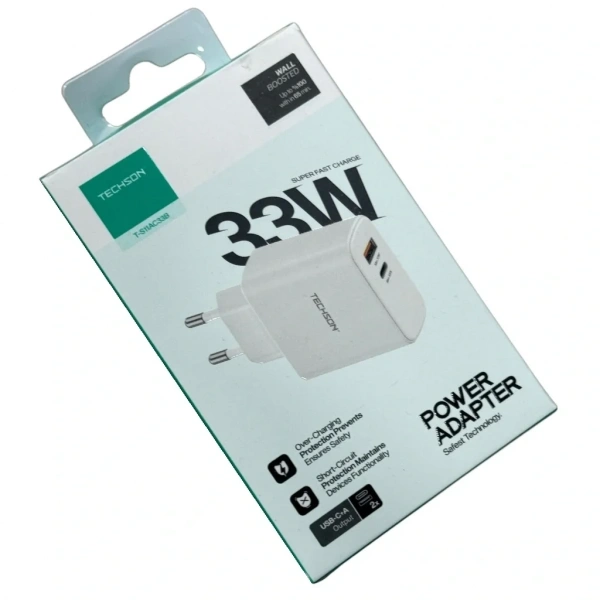 TECHSON 33W Type-C + USB Hızlı Şarj Adaptörü Şarj Başlığı Beyaz S11AC33B