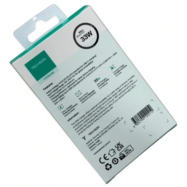 TECHSON 33W Type-C + USB Hızlı Şarj Adaptörü Şarj Başlığı Beyaz S11AC33B