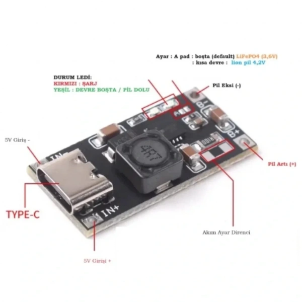 TP5000 LiFePO4 ve Li-ion Pil Şarj Devresi Type-C Girişli Modül 1A