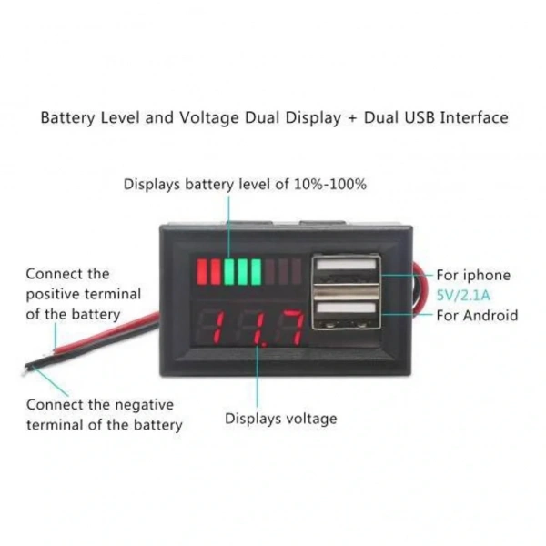 USB Çıkışlı Dijital Voltmetre Ekranlı 5V 2A IOS-Android Çıkışlı