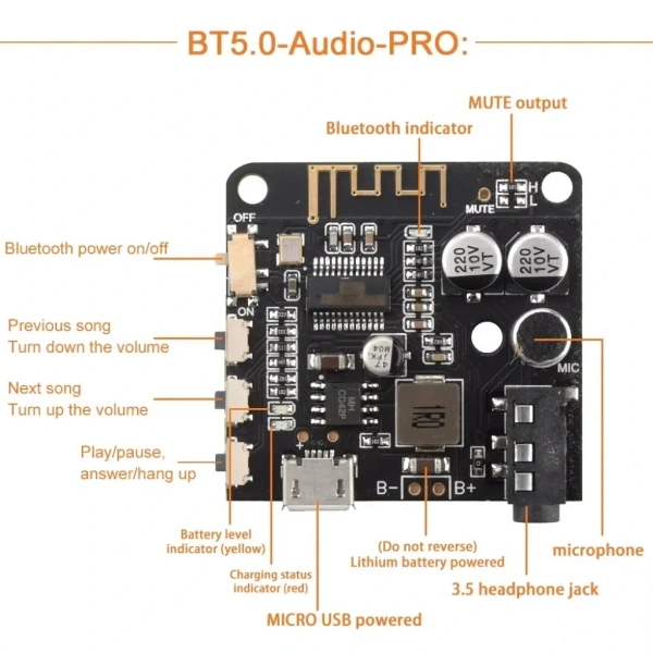 VHM BT5.0 Pro Bluetooth Ses Alıcı Kartı Bluetooth 5.0 Mp3 Modülü Pro Mikrofonlu
