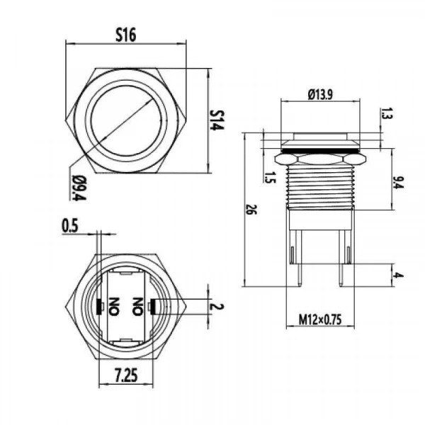 WD12A-G1 12mm Çıkık Yaylı Metal Buton