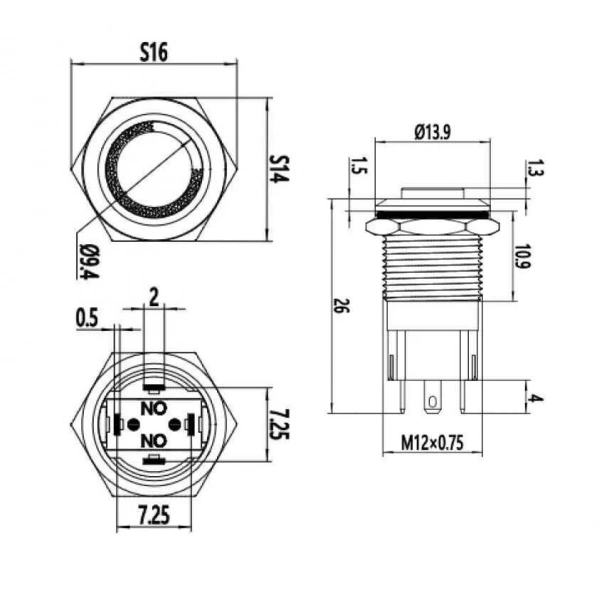 WD12A-G1-E 12mm Çıkık Yaylı Işıklı Metal Buton - Beyaz
