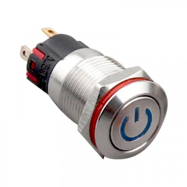 WD12A-P1-C 12mm Düz Yaylı Işıklı Power Metal Buton - Mavi