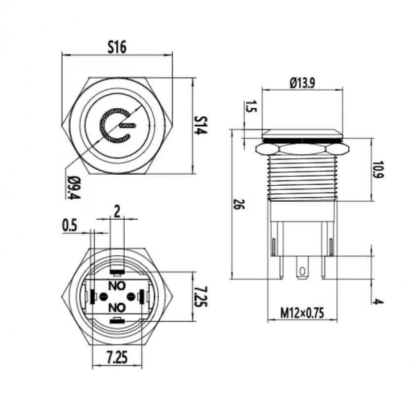 WD12A-P1-C 12mm Düz Yaylı Işıklı Power Metal Buton - Mavi