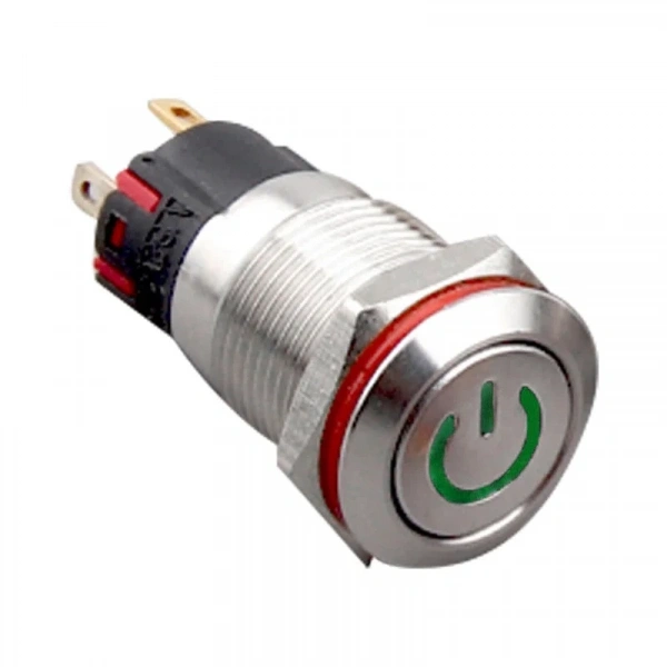 WD12A-P1-C 12mm Düz Yaylı Işıklı Power Metal Buton - Yeşil