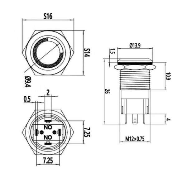 WD12A-P1-E 12mm Düz Yaylı Işıklı Metal Buton - Sarı