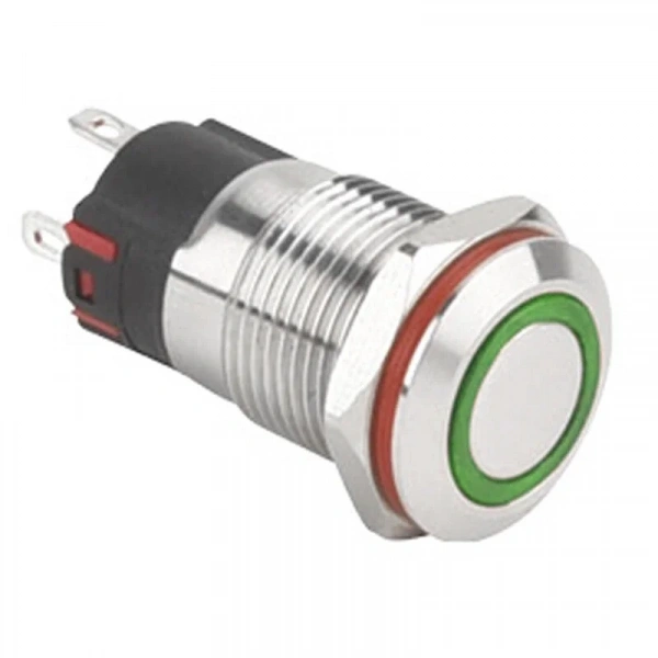WD12A-P1-E 12mm Düz Yaylı Işıklı Metal Buton - Yeşil