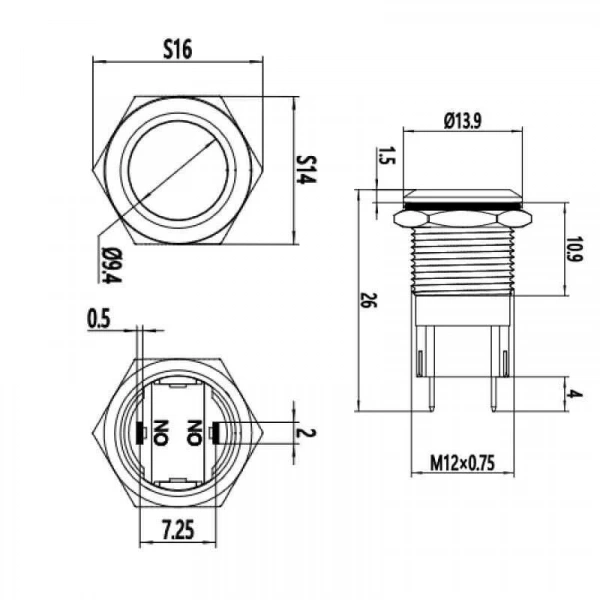 WD12A-P1Z 12mm Düz Anahtarlı Metal Buton