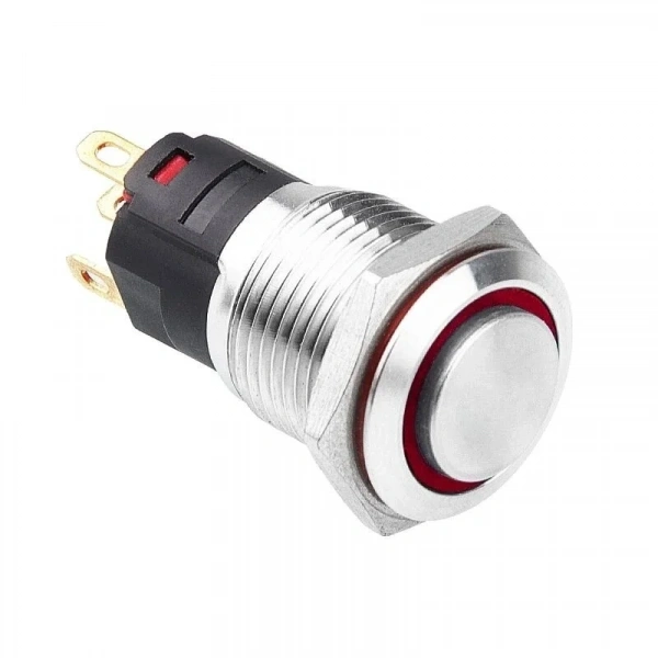 WD16A-G1-E 16mm Çıkık Yaylı Işıklı Metal Buton - Kırmızı