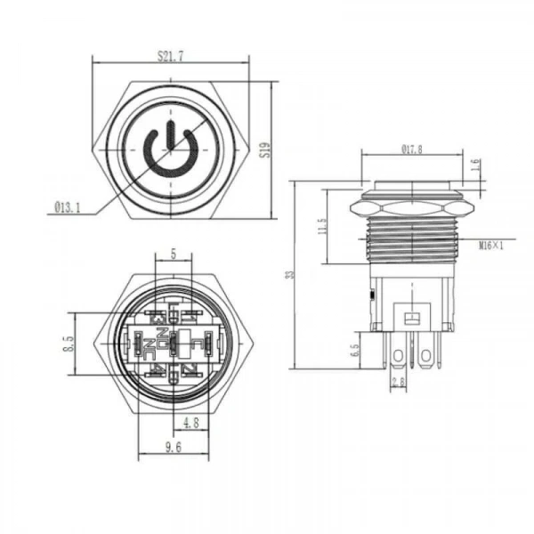 WD16A-G1Z-C 16mm Çıkık Anahtarlı Işıklı Power Metal Buton - Mavi