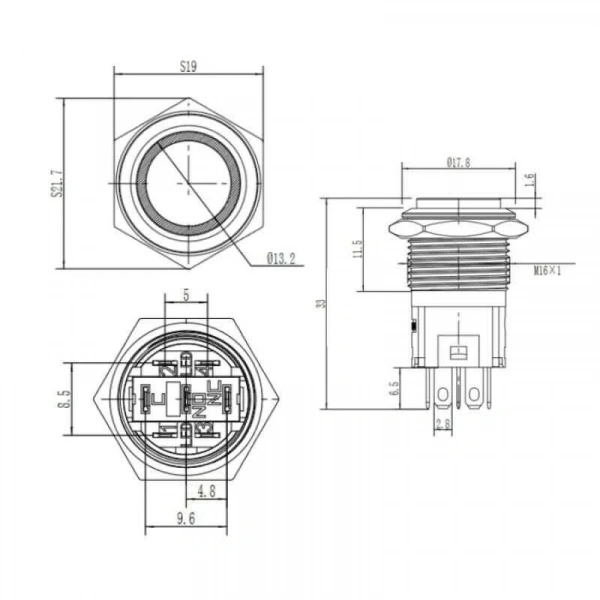 WD16A-G1Z-E 16mm Çıkık Anahtarlı Işıklı Metal Buton - Beyaz