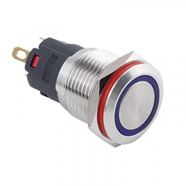 WD16A-P1-E 16mm Düz Yaylı Işıklı Metal Buton - Mavi