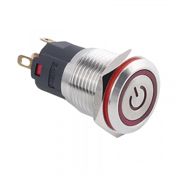 WD16A-P1-EC 16mm Düz Yaylı Işıklı Power Metal Buton - Kırmızı