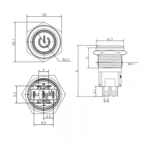 WD16A-P1-EC 16mm Düz Yaylı Işıklı Power Metal Buton - Sarı