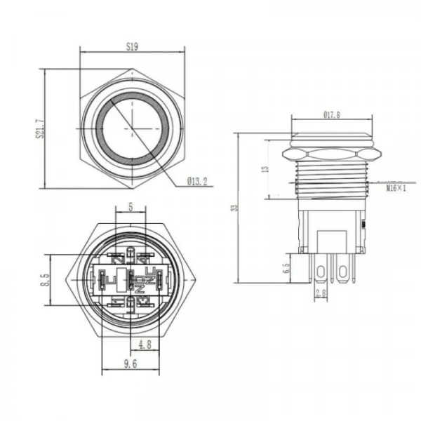 WD16A-P1Z-E 16mm Düz Anahtarlı Işıklı Metal Buton - Kırmızı