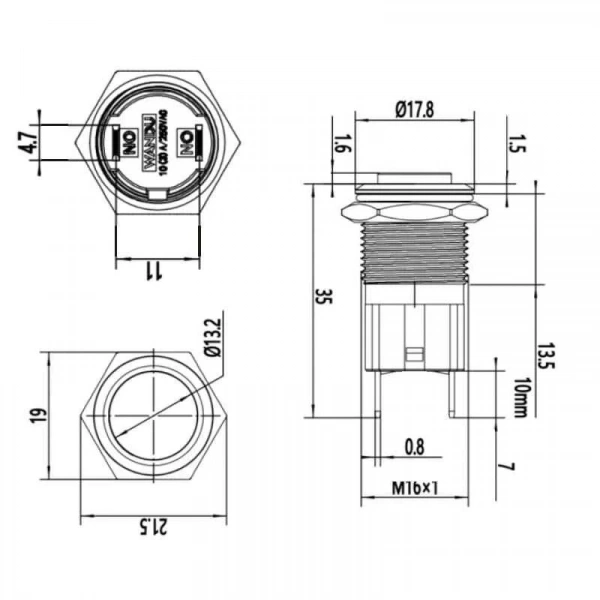 WD16D-G1 16mm Çıkık Yaylı Metal Buton