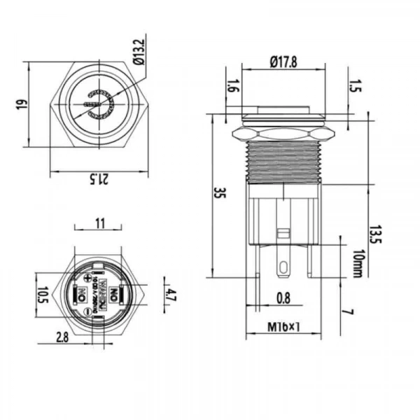 WD16D-G1Z-C 16mm Çıkık Anahtarlı Işıklı Power Metal Buton - Kırmızı