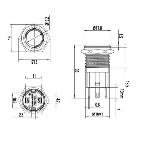WD16D-P1-E 16mm Düz Yaylı Işıklı Metal Buton - Mavi