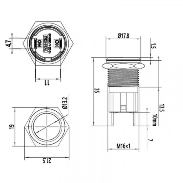 WD16D-P1Z 16mm Düz Anahtarlı Metal Buton