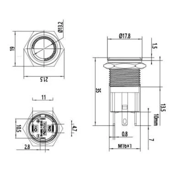 WD16D-P1Z-E 16mm Düz Anahtarlı Işıklı Metal Buton - Beyaz