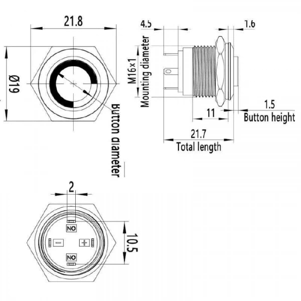 WD16H-G1-E 16mm Çıkık Yaylı Işıklı Metal Buton - Beyaz
