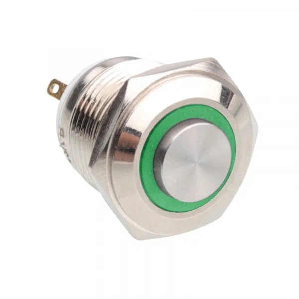 WD16H-G1-E 16mm Çıkık Yaylı Işıklı Metal Buton - Yeşil