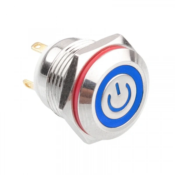 WD16H-P0-EC 16mm Düz Yaylı Işıklı Power Metal Buton - Mavi