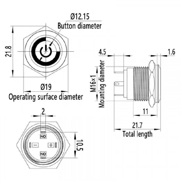 WD16H-P0-EC 16mm Düz Yaylı Işıklı Power Metal Buton - Mavi