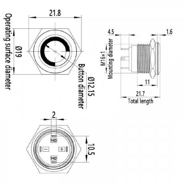WD16H-P1-E 16mm Düz Yaylı Işıklı Metal Buton - Sarı