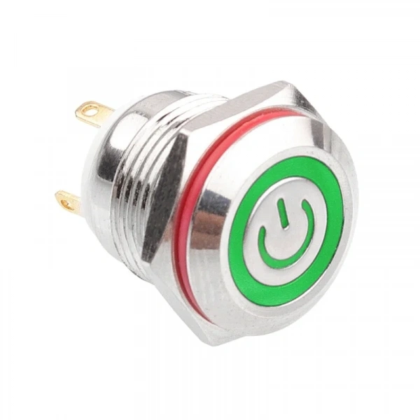 WD16H-P1-EC 16mm Düz Yaylı Işıklı Power Metal Buton - Yeşil