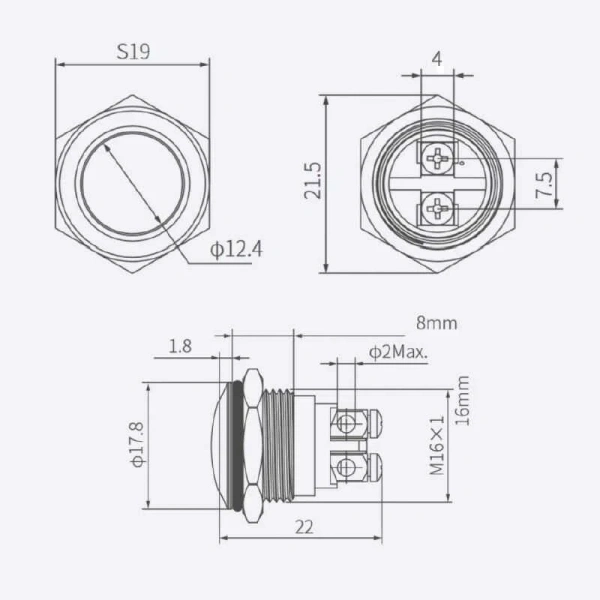 WD16H-Q0 16mm Bombeli Yaylı Metal Buton