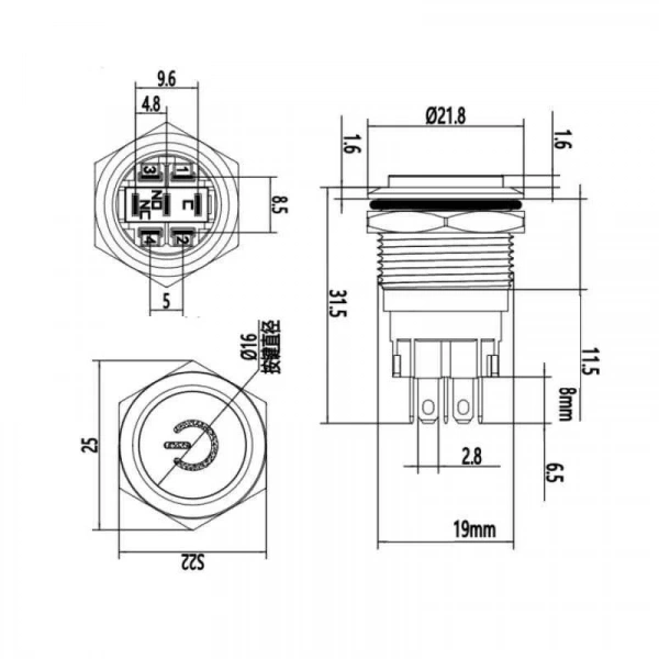 WD19A-G1-C 19mm Çıkık Yaylı Işıklı Power Metal Buton - Sarı