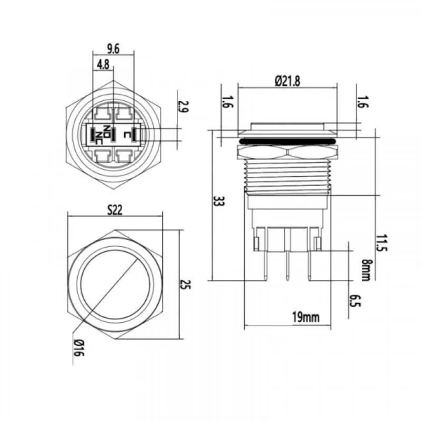 WD19A-G1Z 19mm Çıkık Anahtarlı Metal Buton