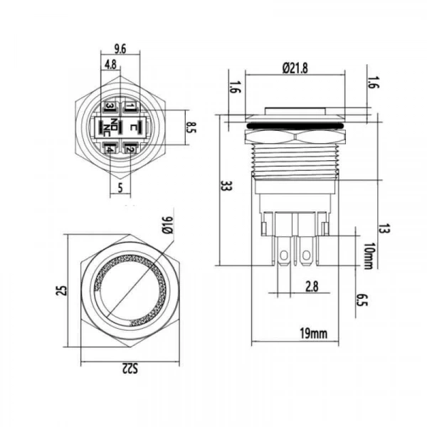 WD19A-G1Z-E 19mm Çıkık Anahtarlı Işıklı Metal Buton - Mavi