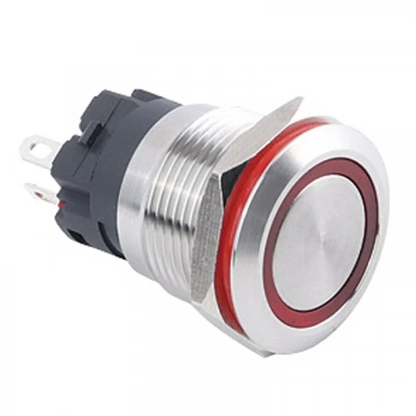 WD19A-P1-E 19mm Düz Yaylı Işıklı Metal Buton - Kırmızı