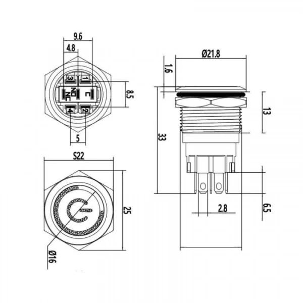 WD19A-P1-EC 19mm Düz Yaylı Işıklı Power Metal Buton - Sarı