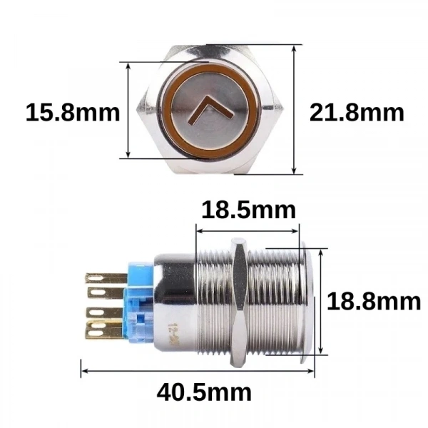 WD19A-P1-ET 19mm Düz Yaylı Işıklı Ok İşaretli Metal Buton - Mavi
