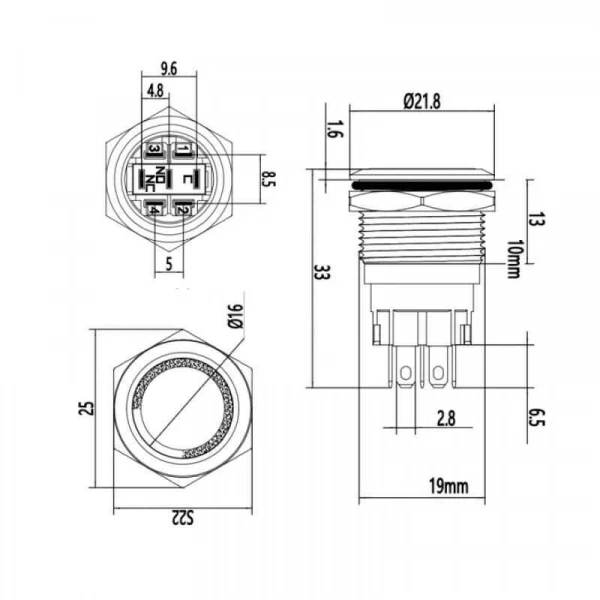 WD19A-P1Z-E 19mm Düz Anahtarlı Işıklı Metal Buton - Sarı
