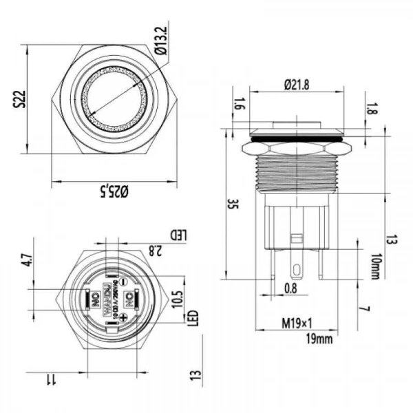 WD19D-G1Z-E 19mm Çıkık Anahtarlı Işıklı Metal Buton - Mavi