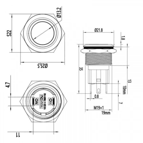 WD19D-P1Z 19mm Düz Anahtarlı Metal Buton