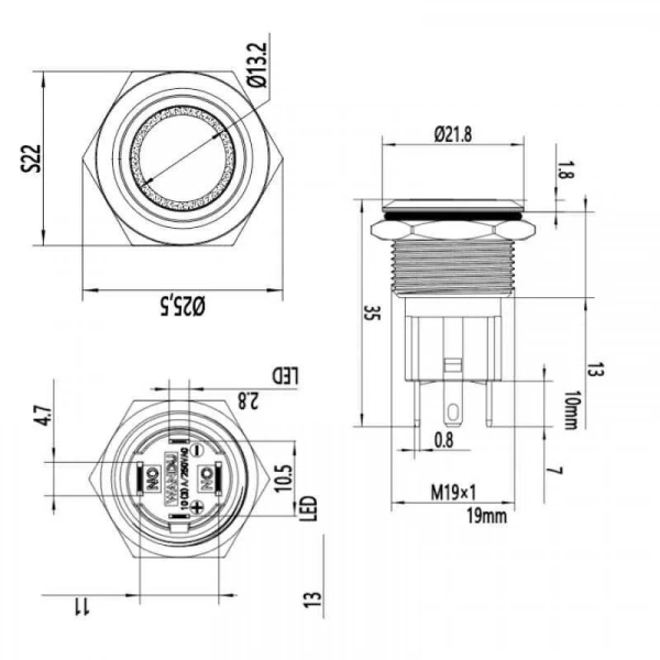 WD19D-P1Z-E 19mm Düz Anahtarlı Işıklı Metal Buton - Beyaz
